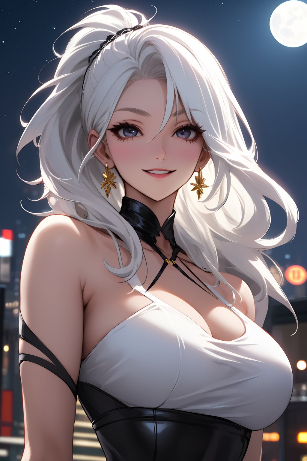 
Highly detailed.High Quality.Masterpiece. Beaitiful (mid close-up).

Young woman, 22 years old, light skin, medium height. Her hair is white, messy, waist-length and straight, with two strands sticking out of her head. He has big black eyes. Her clothes are basically like Black cat. She has giant breasts and a voluptuos figure. She is alone, but with a slight smile on her face in Tokyo (it's night).