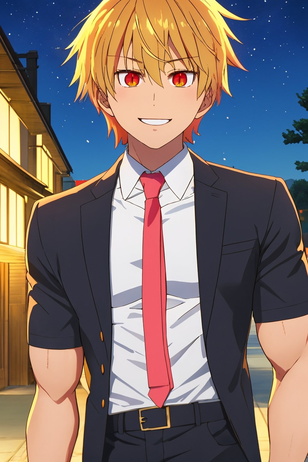 
Highly detailed.High Quality.Masterpiece. Beaitiful (tight medium shot).

Young man of 20 years old (similar to Tohru), with tanned skin, tall and with a great physique (muscular). She has short blonde hair and messy bangs with an orange gradient with pink tips on the side strands. It has large, slightly slanted, orange-red eyes (bright and well detailed). Basically his shirt and suit is like Tohru's, but he's a man, and black pants. He is alone, with a light and cheerful smile on his face enjoying a beautiful night of moonlight and bright stars in the sky.