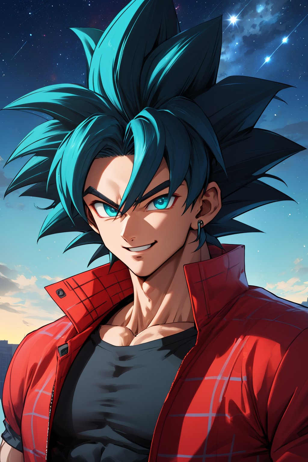 
Highly detailed.High Quality.Masterpiece. Beaitiful (close-up).

Young man of 25 years old, similar to Goku, dark skin, tall and with a great physique (muscular). His hair is dark purple, wavy, messy, short (very short). It has big and turquoise color eyes. He has a red plaid jacket with some black details, red armbands, short Black t-shirt. It's same outfit has goku. He is alone, but with a happy smile on his face enjoying a beautiful starry sky (night) in Empire state.