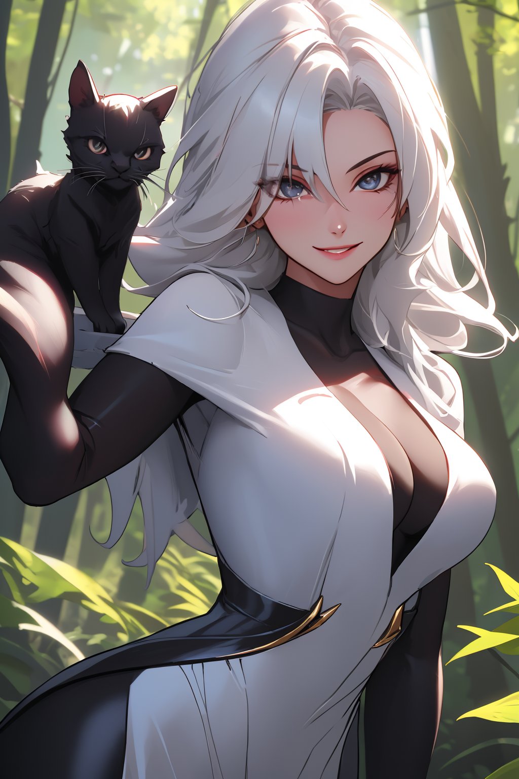 
Highly detailed.High Quality.Masterpiece. Beaitiful (mid close-up).

Young woman, 22 years old, light skin, medium height. Her hair is white, messy, waist-length and straight, with two strands sticking out of her head. He has big black eyes. Her clothes are basically like Black cat. She has huge breasts and a voluptuos figure. She is alone, but with a slight smile on her face in a forest full of life.