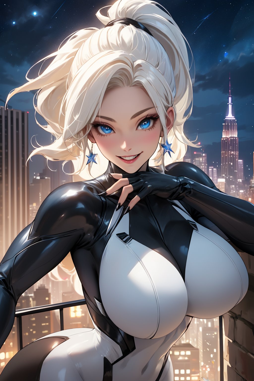 
Highly detailed.High Quality.Masterpiece. Beaitiful (mid close-up).

Young woman, 27 years old, light skin and good physical condition. Her hair is white-platinum blonde (ponytail). She has big blue eyes. It's the same costume as Black Cat, tight black suit with white accents. The gloves of her costume form retractable claws at the fingertip. She has an voluptuous figure accentuating her natural curves with giant tits. She is alone, but with a happy smile on her face enjoying a beautiful starry sky at the Empire State.