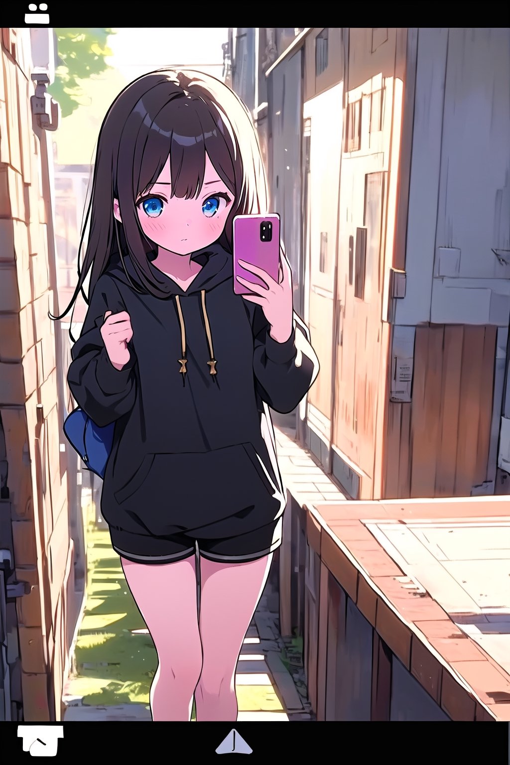 1girl, selfie, Instagram selfie, super long and soft and silky dark brown hair, dark blue eyes, 3 foot long dark brown hair, full black drawstring hoodie, black shorts, pastelbg