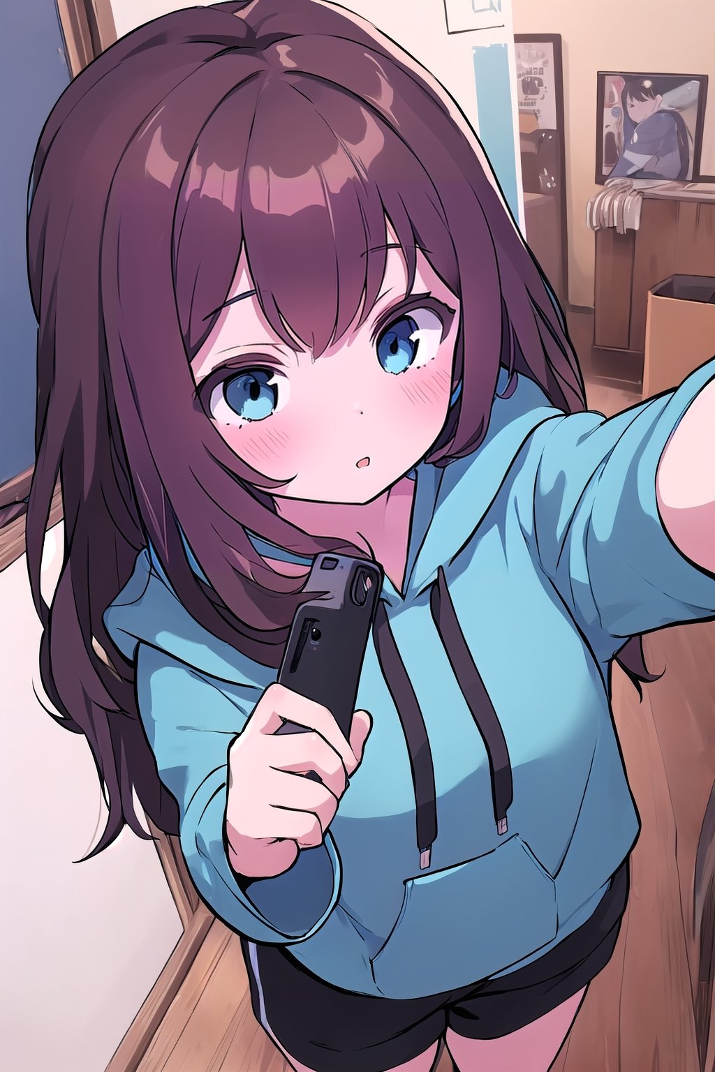 chibi, 1girl, selfie, Instagram selfie, super long hair, bushy hair, messy hair, dark maroon hair, dark blue eyes, 3 foot long dark brown hair, full black drawstring hoodie, black shorts, in house, taking multiple selfies, comic strip