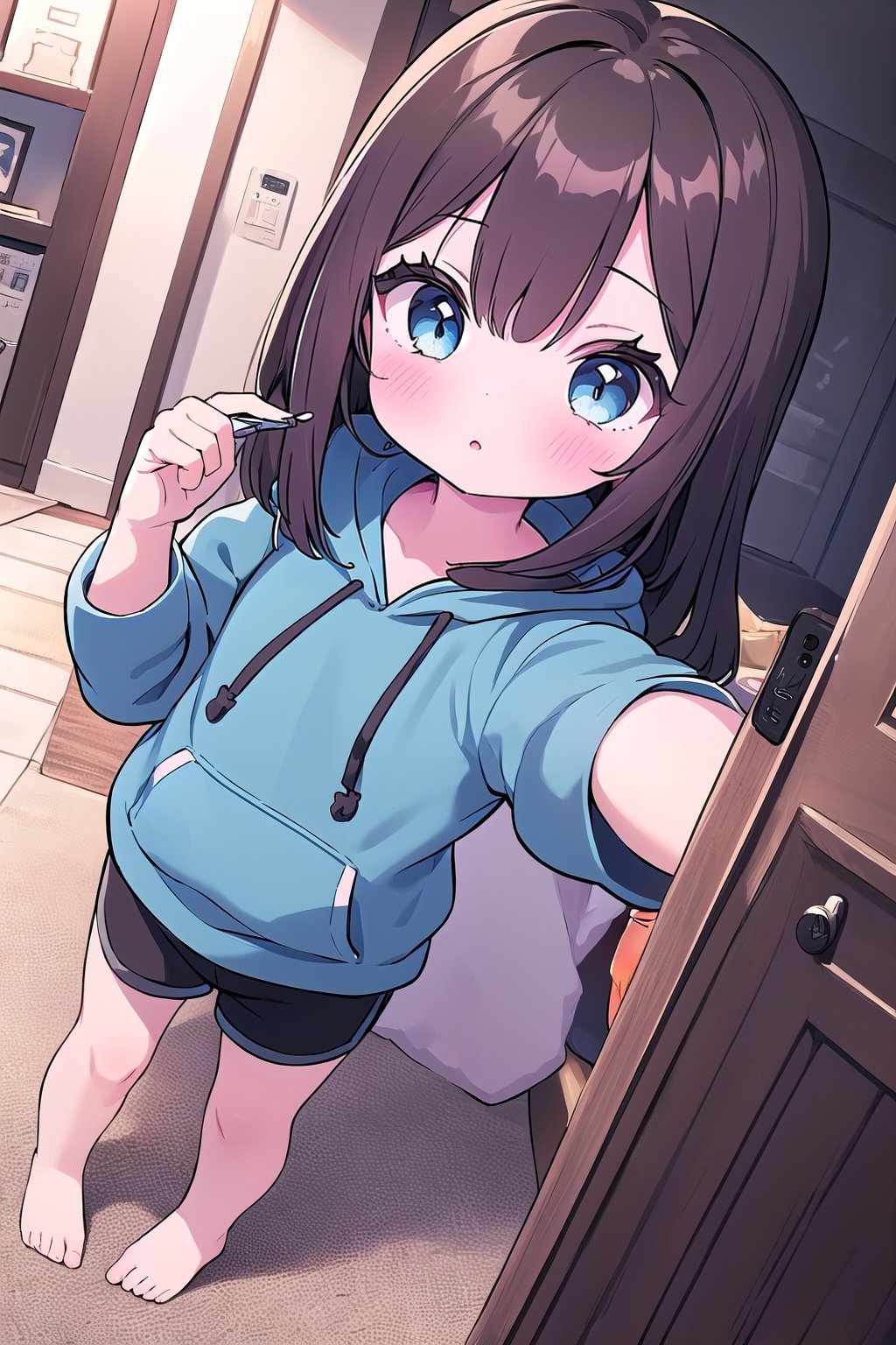 chibi, 1girl, selfie, Instagram selfie, super long and soft and silky dark brown hair, dark blue eyes, 3 foot long dark brown hair, full black drawstring hoodie, black shorts, in house