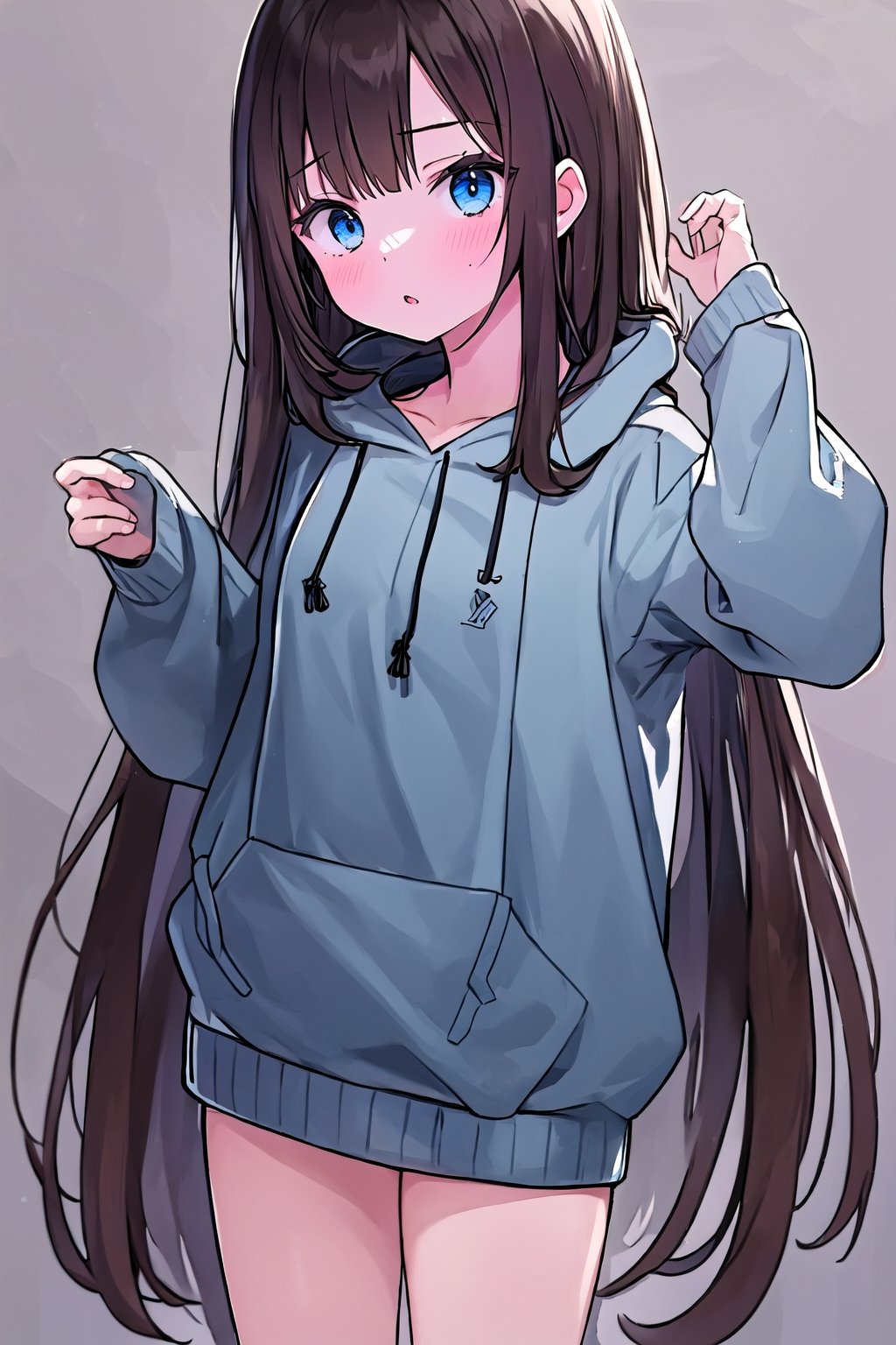 1girl, super long and soft and silky dark brown hair, dark blue eyes, full black drawstring hoodie