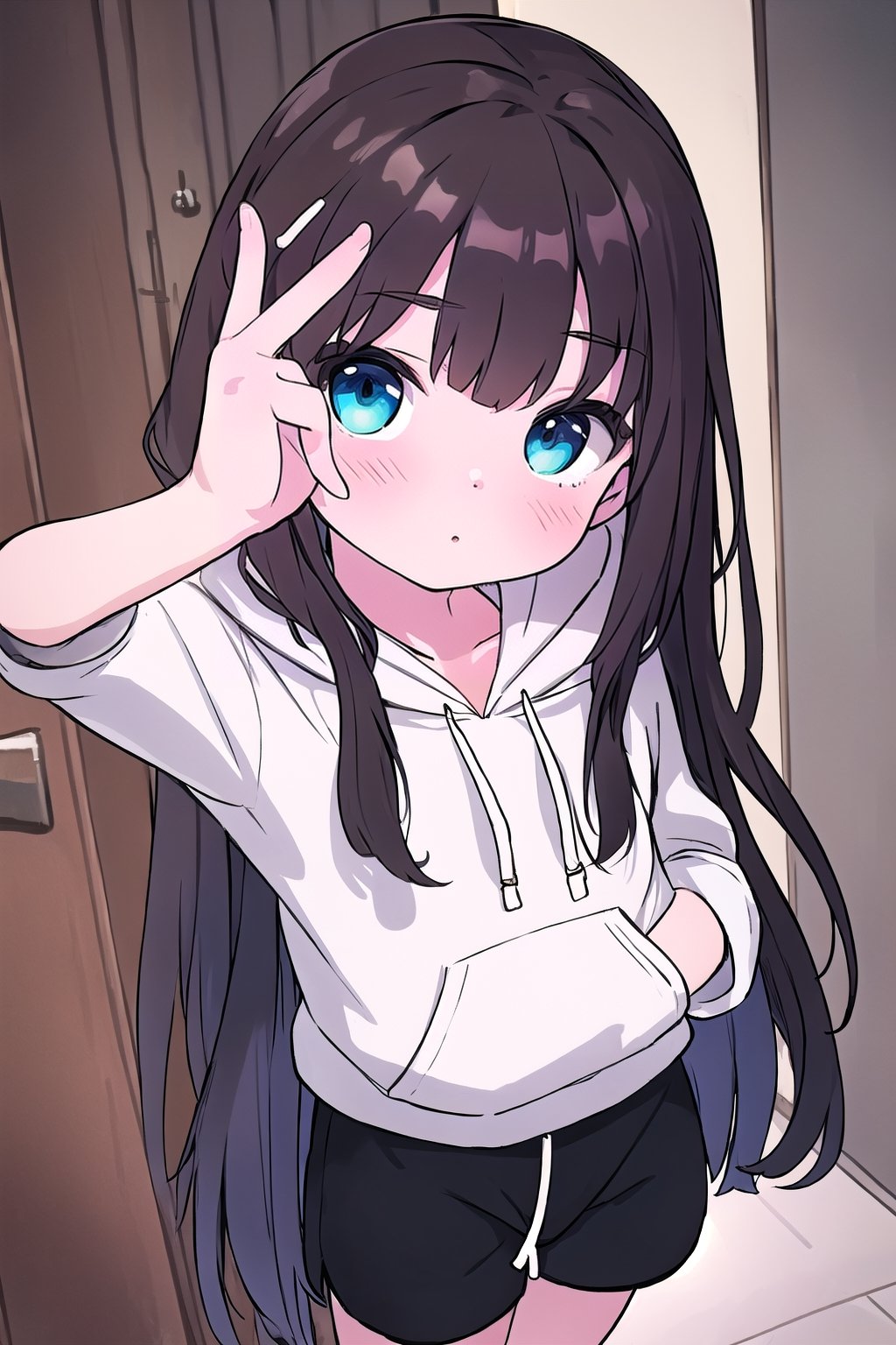 chibi, 1girl, selfie, Instagram selfie, super long hair, bushy hair, messy hair, dark chocolate color hair, dark blue eyes, 3 foot long dark brown hair, full black drawstring hoodie, black shorts, in house, taking multiple selfies, adult, married