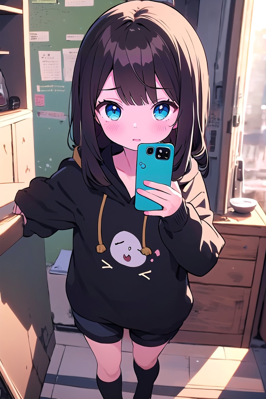 chibi, 1girl, selfie, Instagram selfie, super long and soft and silky dark brown hair, dark blue eyes, 3 foot long dark brown hair, full black drawstring hoodie, black shorts, pastelbg