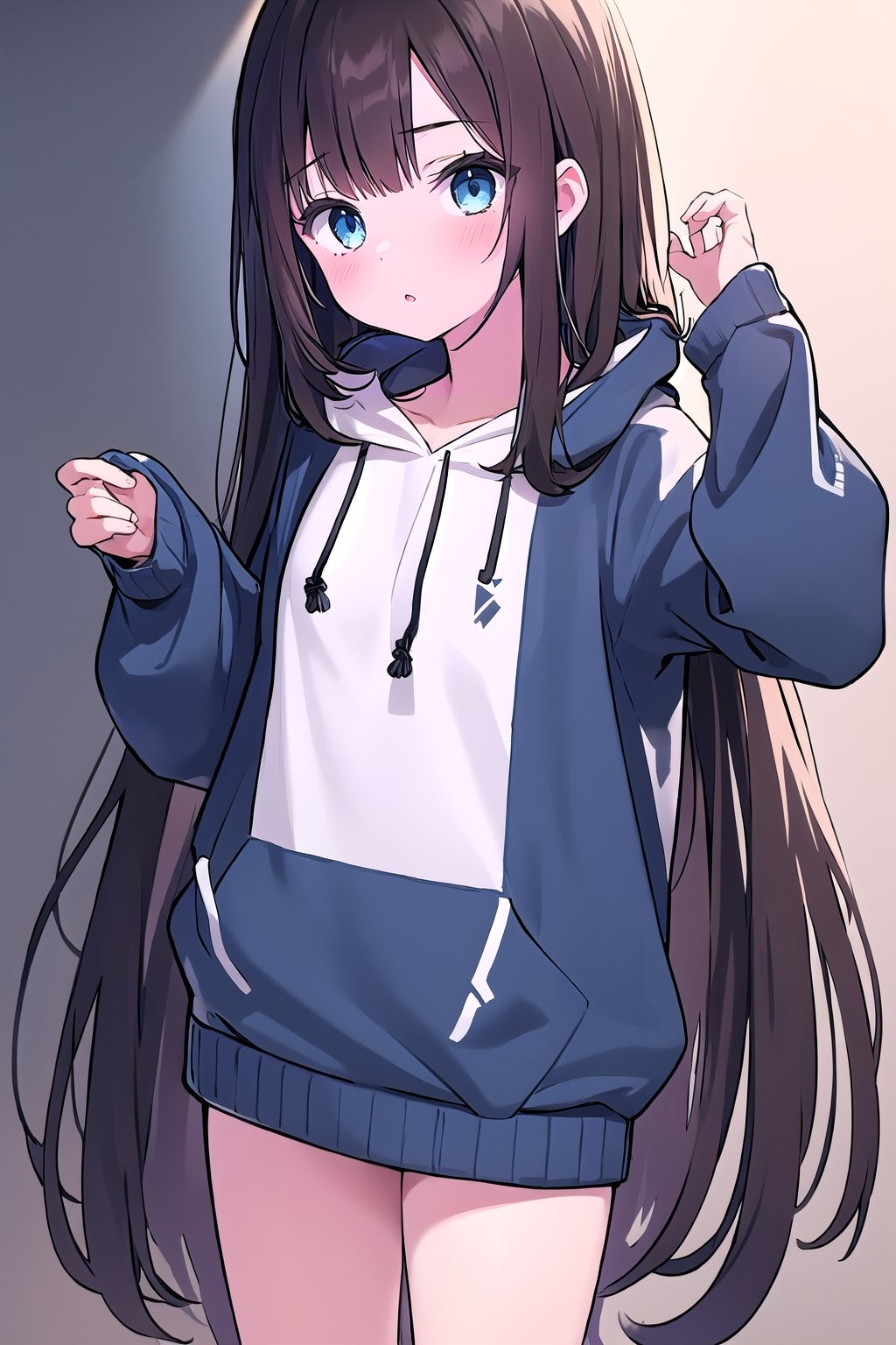 1girl, super long and soft and silky dark brown hair, dark blue eyes, full black drawstring hoodie