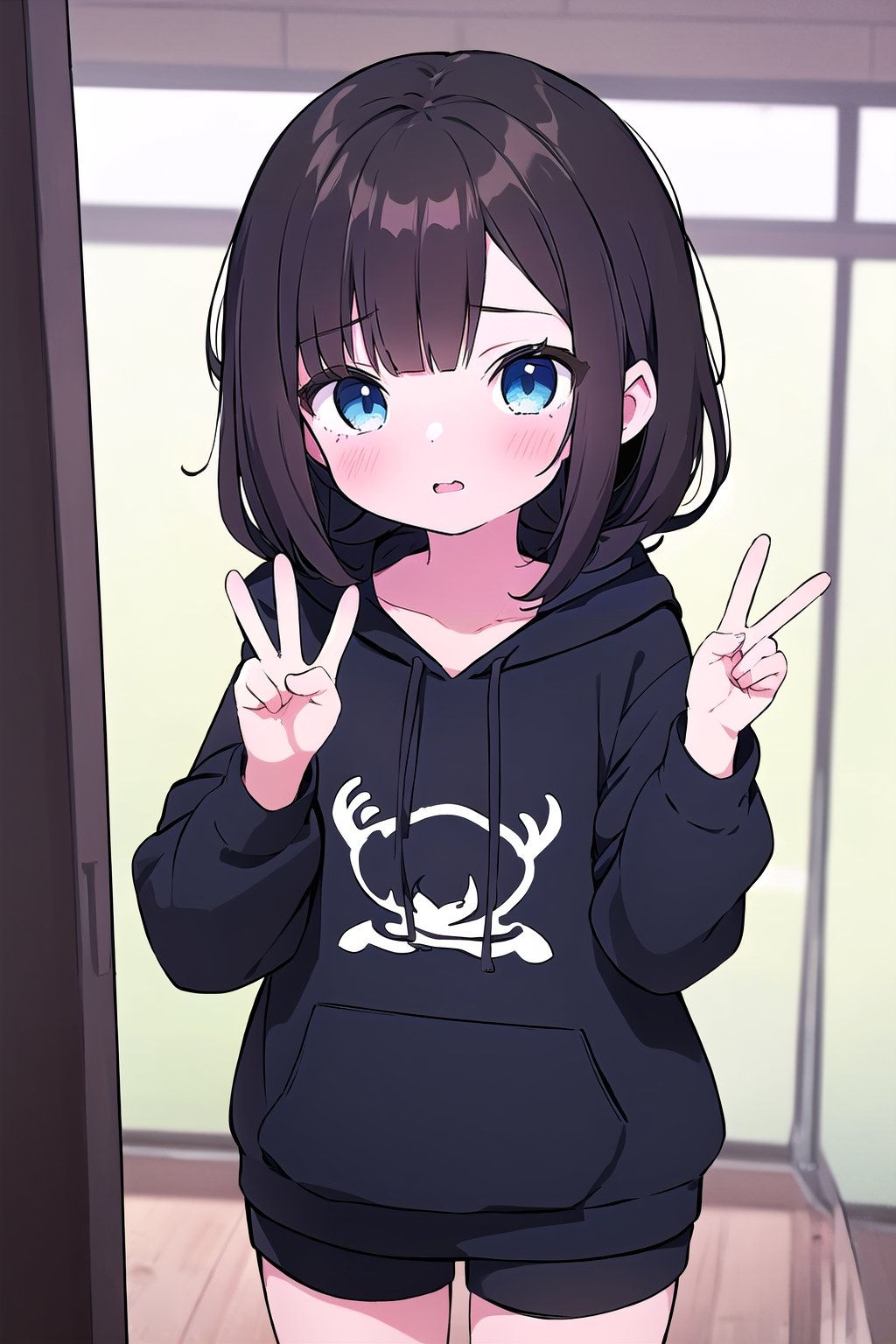 chibi, 1girl, selfie, Instagram selfie, super long and soft and silky dark brown hair, dark blue eyes, 3 foot long dark brown hair, full black drawstring hoodie, black shorts, peace sign, adult