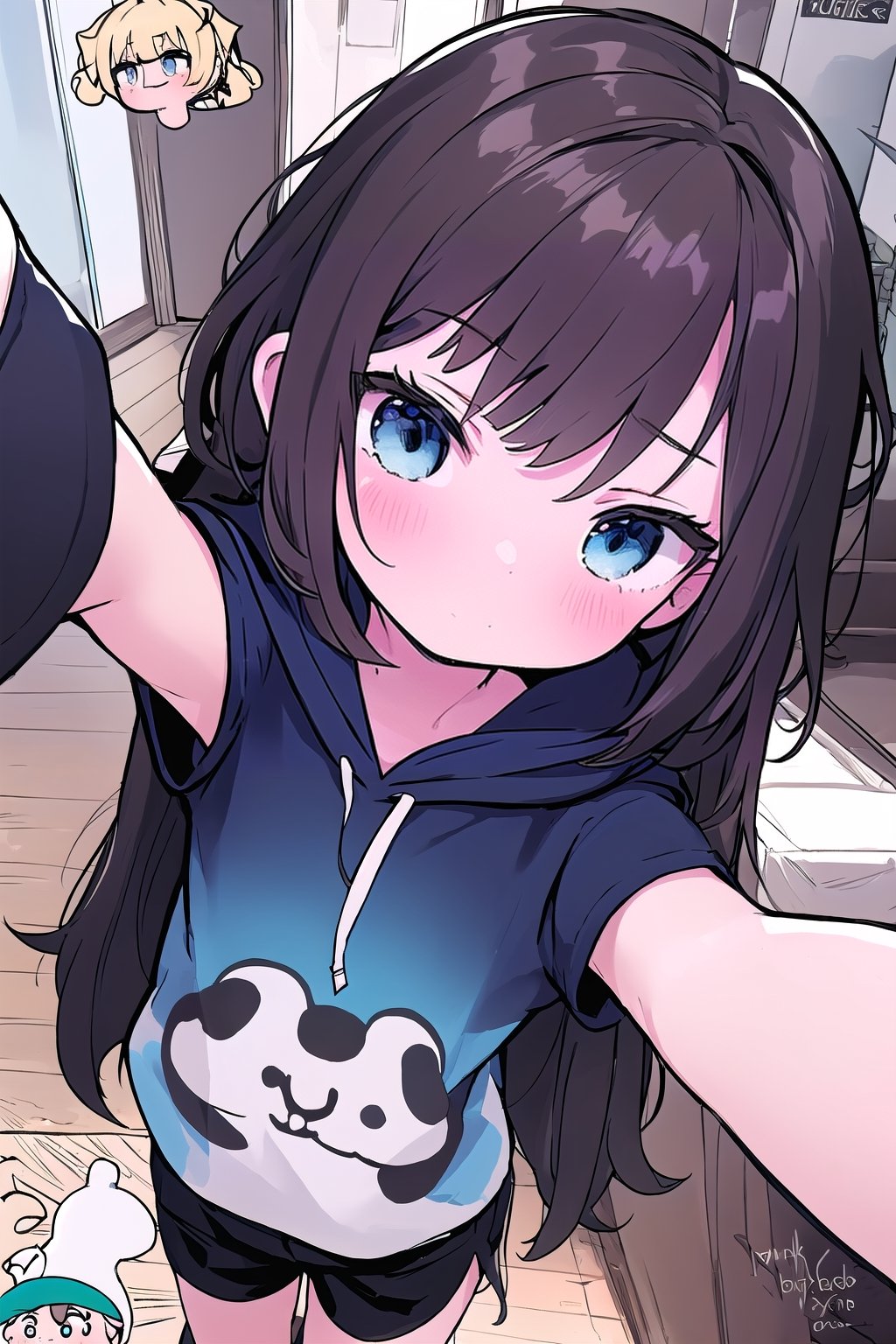 chibi, 1girl, selfie, Instagram selfie, super long hair, bushy hair, messy hair, dark chocolate color hair, dark blue eyes, 3 foot long dark brown hair, full black drawstring hoodie, black shorts, in house, taking multiple selfies, comic strip