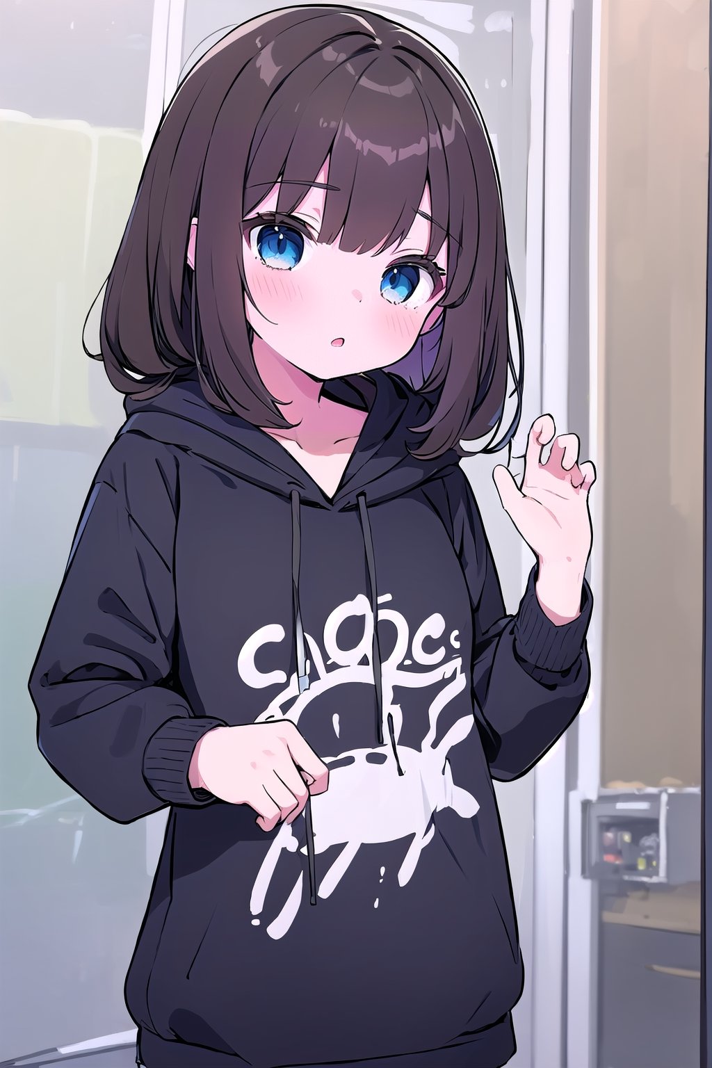 1girl, super long and soft and silky dark brown hair, dark blue eyes, full black drawstring hoodie