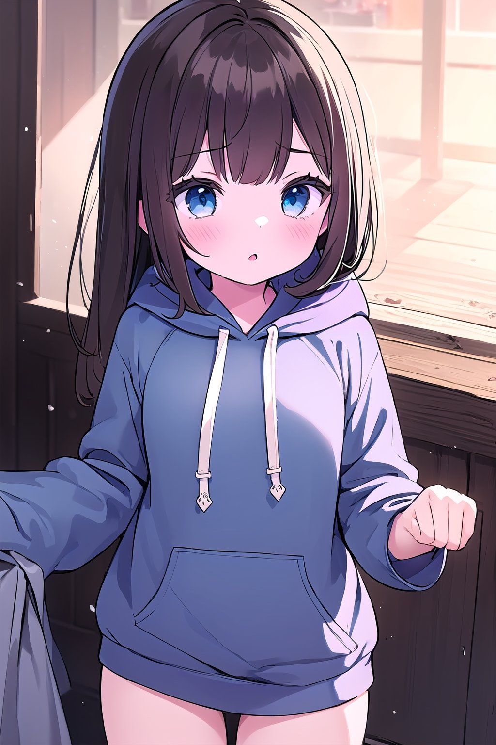 1girl, super long and soft and silky dark brown hair, dark blue eyes, full black drawstring hoodie