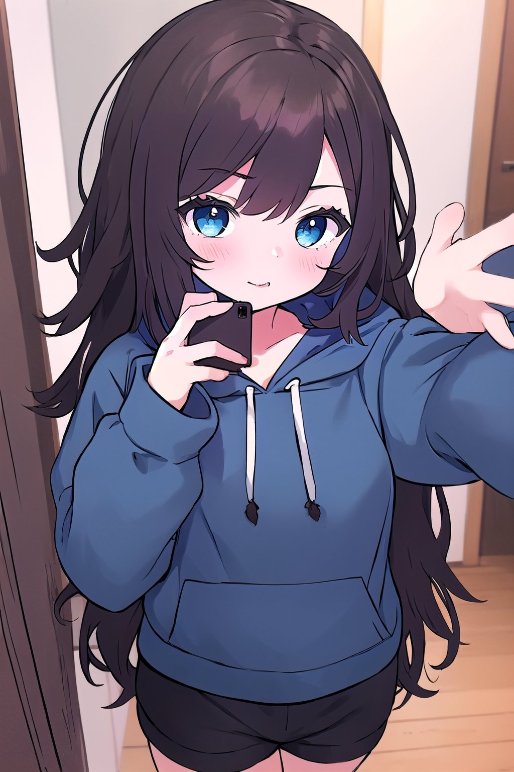 chibi, 1girl, selfie, Instagram selfie, super long hair, bushy hair, messy hair, dark chocolate color hair, dark blue eyes, 3 foot long dark brown hair, full black drawstring hoodie, black shorts, in house, taking multiple selfies, adult, married