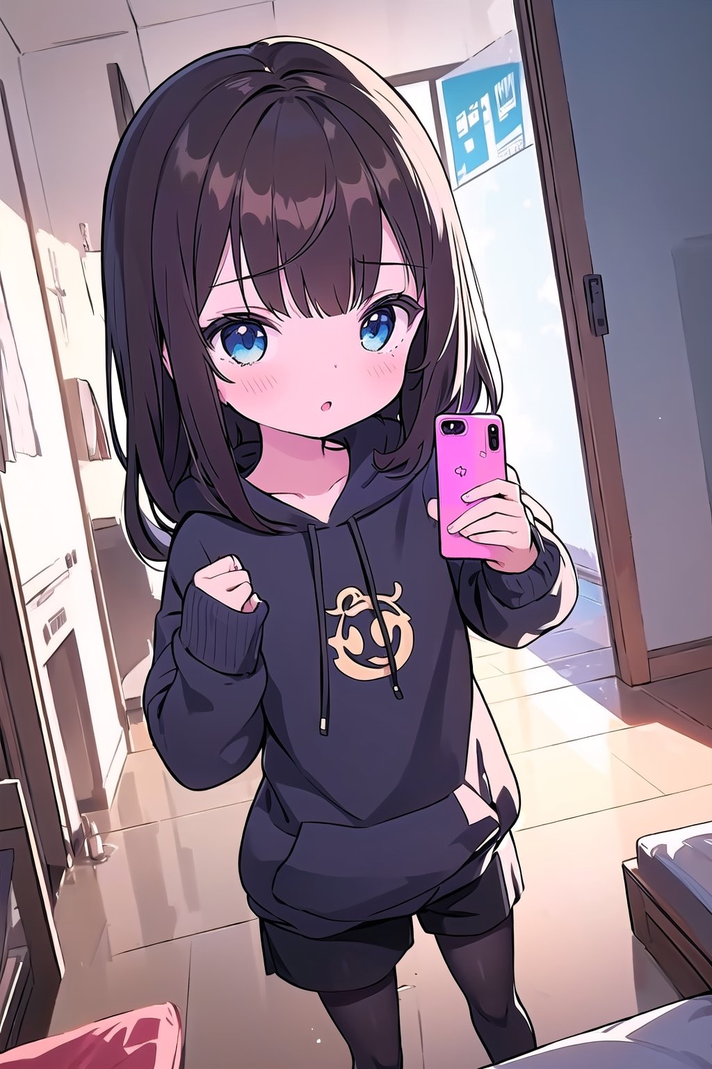 chibi, 1girl, selfie, Instagram selfie, super long and soft and silky dark brown hair, dark blue eyes, 3 foot long dark brown hair, full black drawstring hoodie, black shorts, pastelbg