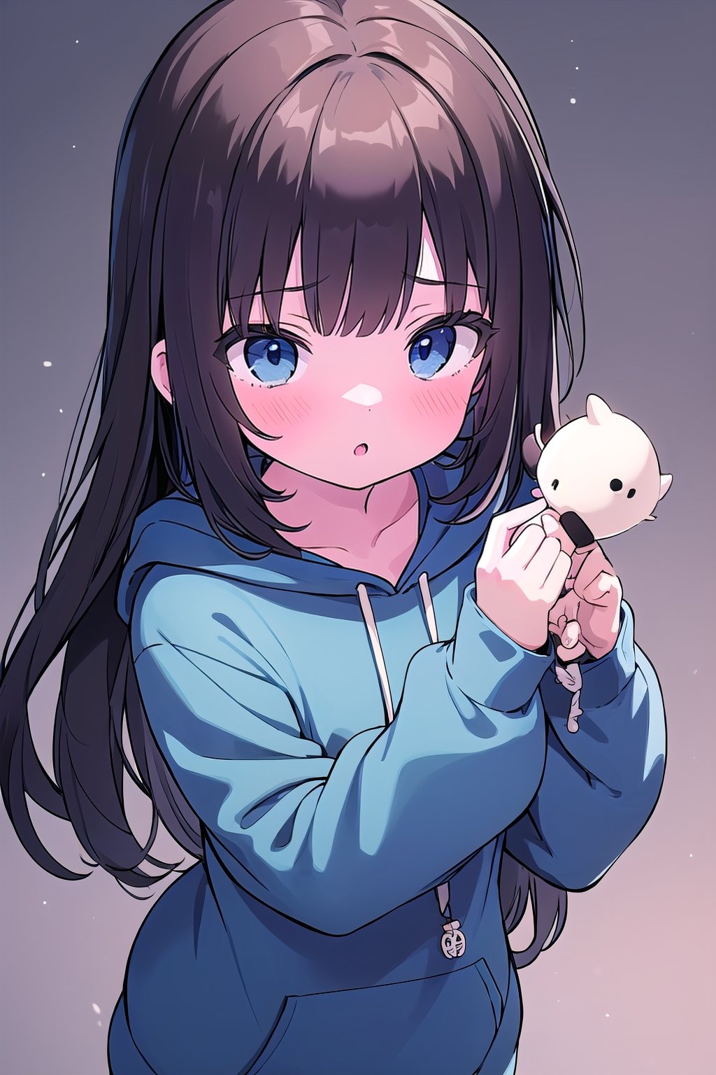 1girl, super long and soft and silky dark brown hair, dark blue eyes, full black drawstring hoodie