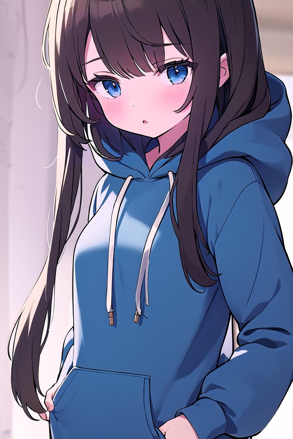 1girl, super long and soft and silky dark brown hair, dark blue eyes, full black drawstring hoodie