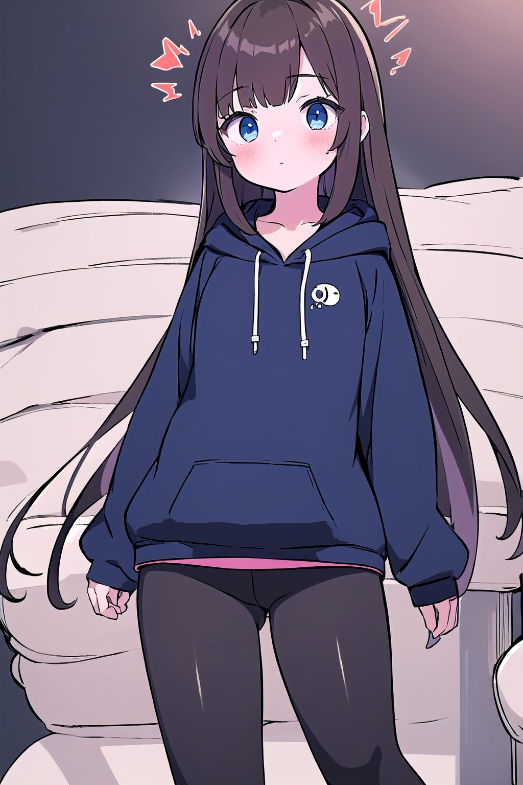 1girl, super long and soft and silky dark brown hair, dark blue eyes, full black drawstring hoodie, line_art