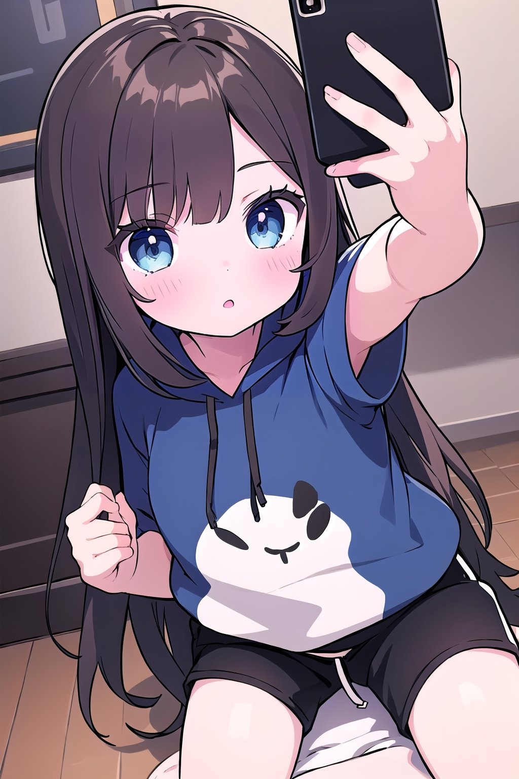 chibi, 1girl, selfie, Instagram selfie, super long and soft and silky dark brown hair, dark blue eyes, 3 foot long dark brown hair, full black drawstring hoodie, black shorts, in house