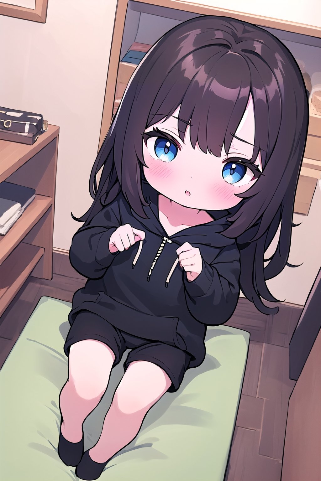 chibi, 1girl, selfie, Instagram selfie, super long and soft and silky dark brown hair, dark blue eyes, 3 foot long dark brown hair, full black drawstring hoodie, black shorts, in house