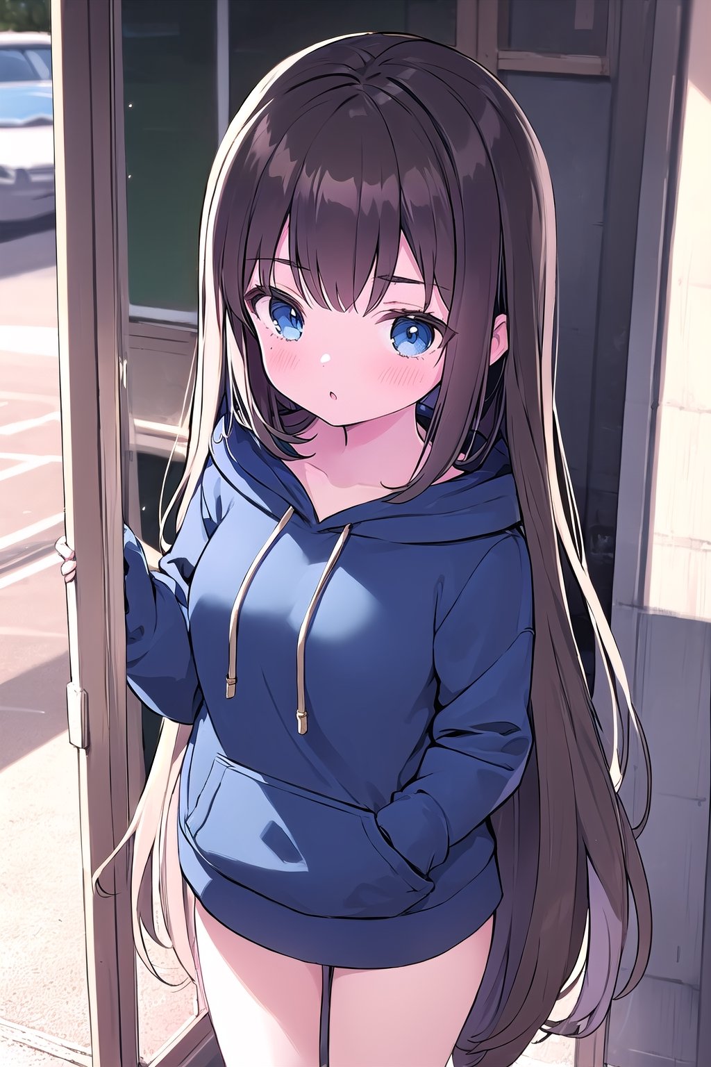 1girl, super long and soft and silky dark brown hair, dark blue eyes, full black drawstring hoodie