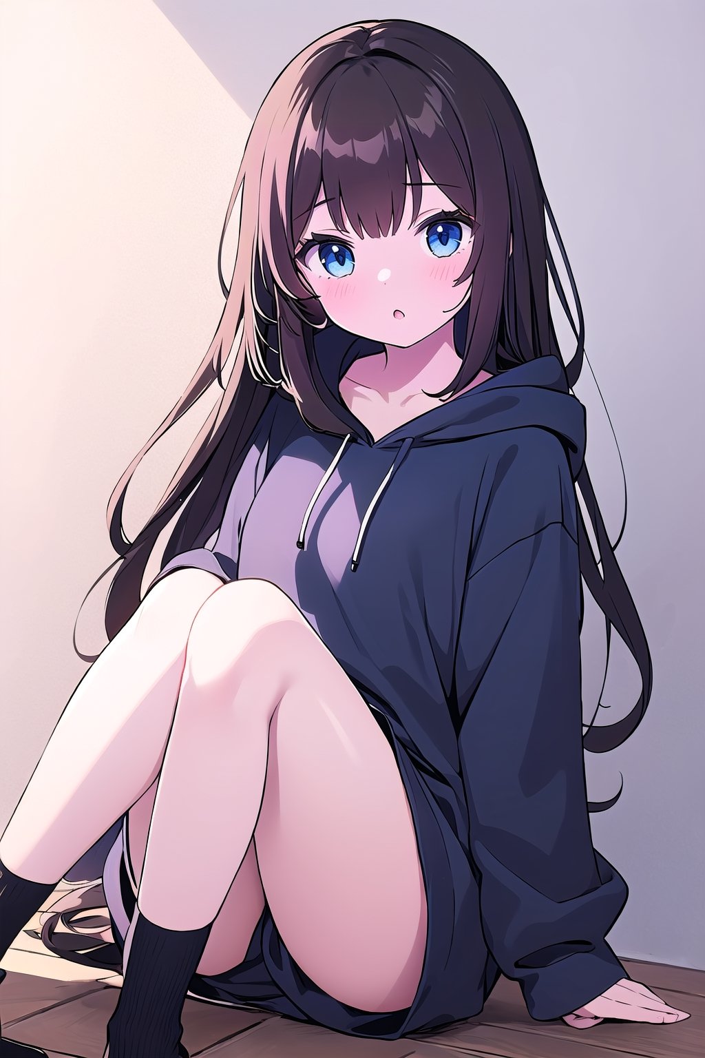 1girl, super long and soft and silky dark brown hair, dark blue eyes, full black drawstring hoodie