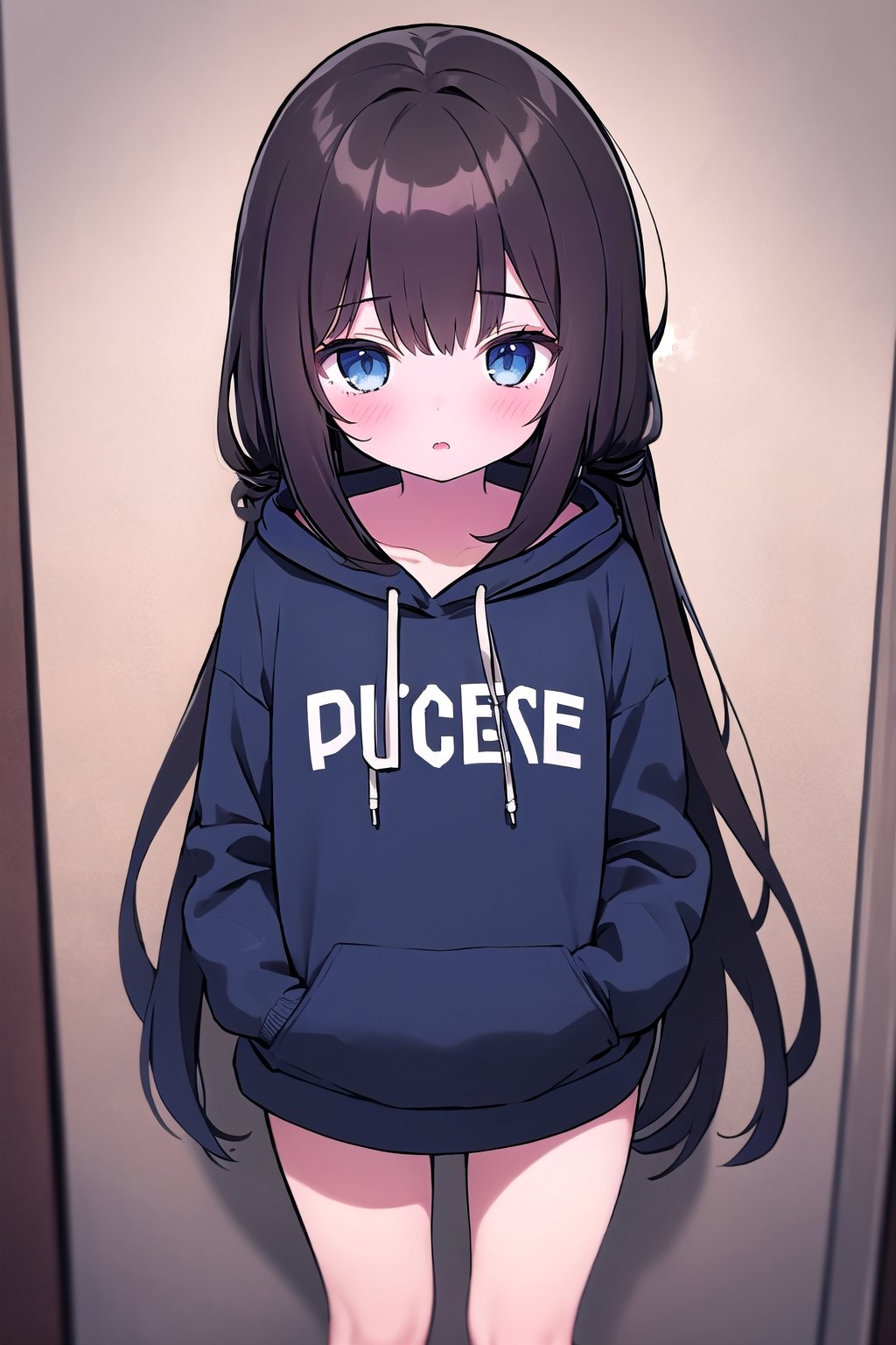 1girl, super long and soft and silky dark brown hair, dark blue eyes, full black drawstring hoodie