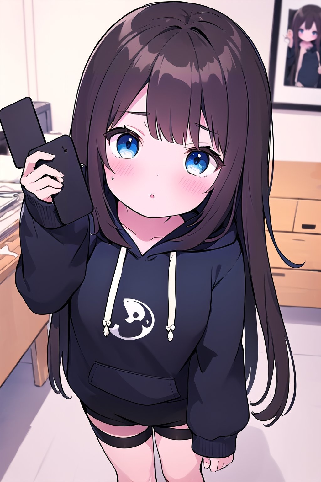 chibi, 1girl, selfie, Instagram selfie, super long and soft and silky dark brown hair, dark blue eyes, 3 foot long dark brown hair, full black drawstring hoodie, black shorts, in house