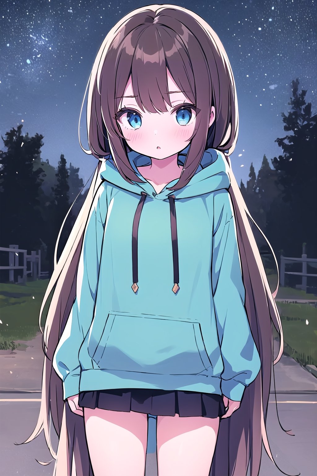 1girl, super long and soft and silky dark brown hair, dark blue eyes, full black drawstring hoodie