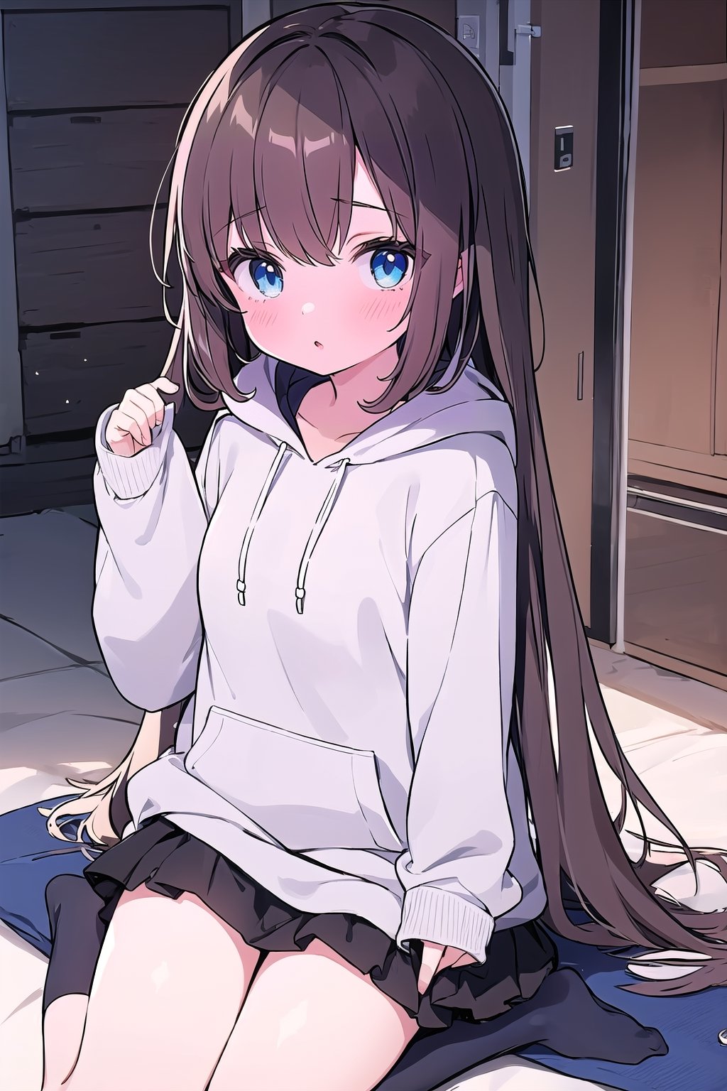 1girl, super long and soft and silky dark brown hair, dark blue eyes, full black drawstring hoodie