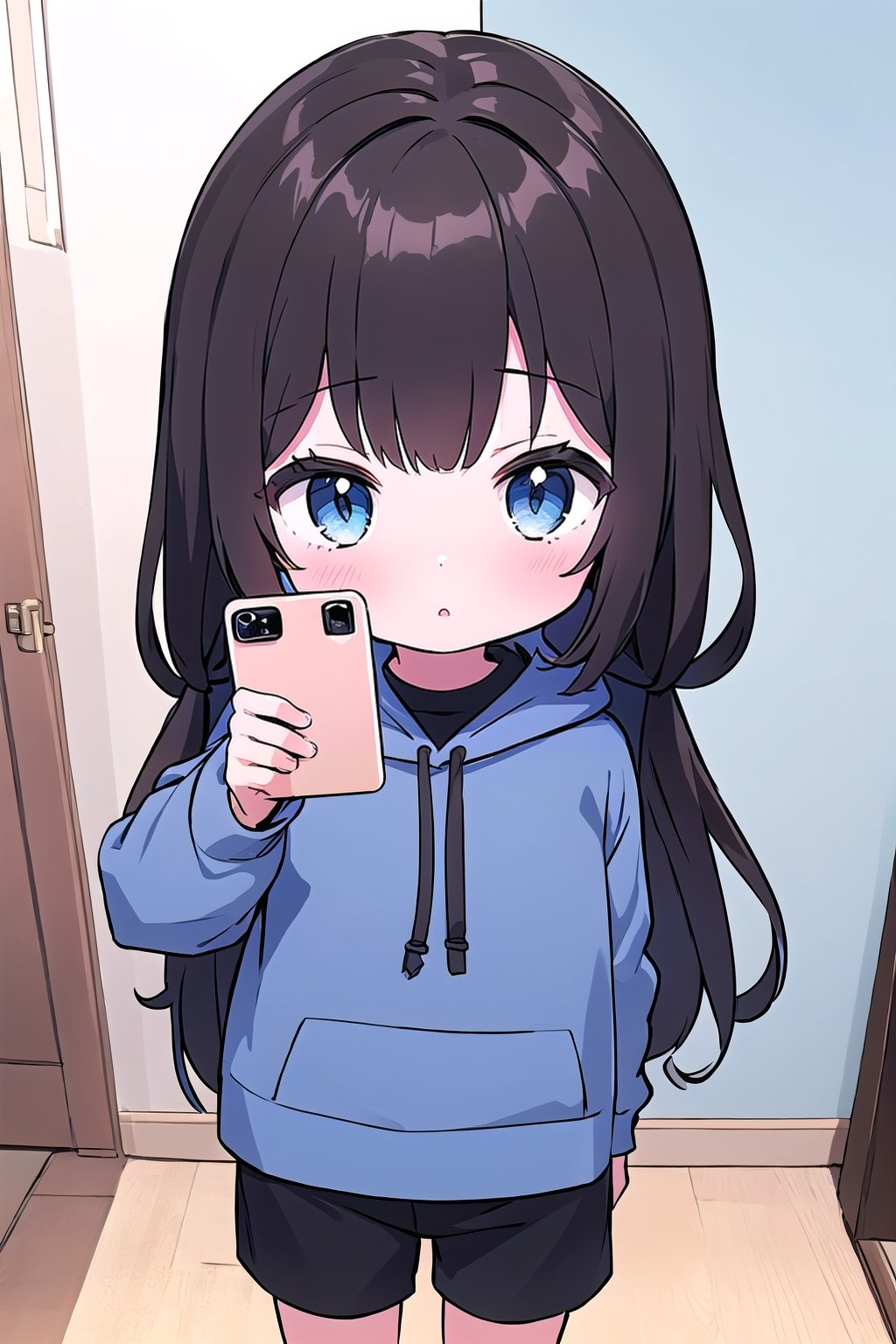 chibi, 1girl, selfie, Instagram selfie, super long and soft and silky dark brown hair, dark blue eyes, 3 foot long dark brown hair, full black drawstring hoodie, black shorts, in house