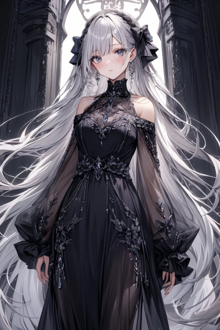 Extreme detailed, (masterful), 1girl, solo, long hair, blush, bangs, large (bow), medium breasts, very long hair, closed mouth, standing, braid, white hair, grey hair, large black bow with intricate chains, parted lips, grey eyes, long sleeves, dress, bare shoulders, jewelry, earrings, off shoulder, black dress, see-through, gem, off-shoulder dress, sheer sparkly sleeves, gems embroidered in sleeves