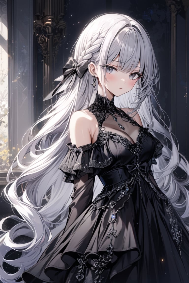 Extreme detailed, (masterful), 1girl, solo, long hair, blush, bangs, large (bow), medium breasts, very long hair, closed mouth, standing, braid, white hair, grey hair, large black bow with intricate chains, parted lips, grey eyes, long sleeves, dress, bare shoulders, jewelry, earrings, off shoulder, black dress, see-through, gem, off-shoulder dress