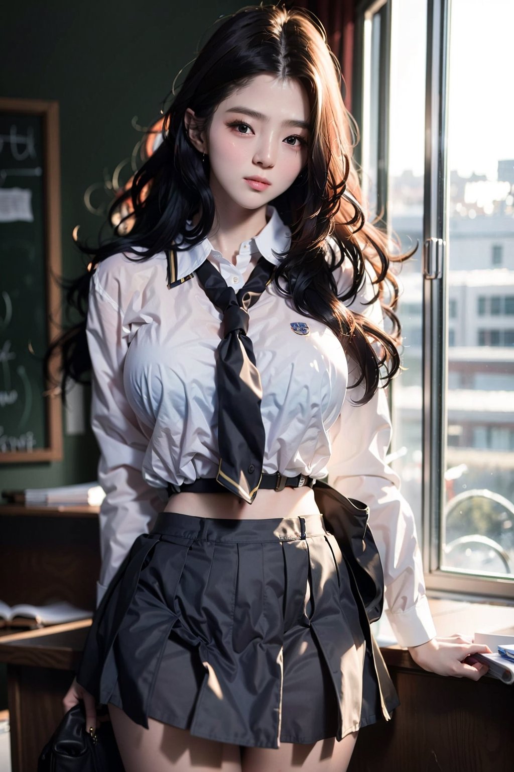 Masterpiece, 8k, highest quality, ultra detail, beautiful detailed face, cinematic lighting, (20 year old beautiful Korean woman: 1.2), school, students, classroom, curtain, finger detail, (big breasts: 1), (wide hips: 1.7), (slim waist: 1), detailed background, dynamic lighting, (school uniform: 1.4), detailed school uniform, beautiful long hair blowing in the wind,sohee