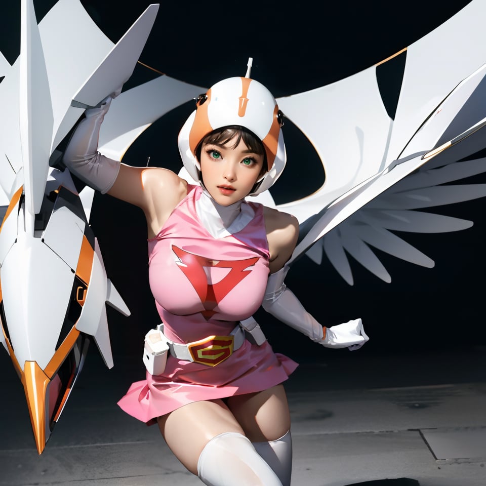 realistic photography, 1 American-Japanese mixed-race gir, 16 years old, Jun ,Gatchaman, 168cm((  **push up,1000mm shutter, 1/1000,8K)), lanky, wearing a swan-head-like helmet with a transparent glass plate like a beak covered the front face,on loak with jagged shapes in the end, pink superhero-like mini skirts suit, naturally sexy, {{masterpiece}}}, {{{best quality}}}, {{{ultra-detailed}}},(masterpiece, best quality, ultra-realistic ),(( beautiful face)),short hair,breasts,green eyes,lips,medium breasts,lipstick,white legwear,pink dress,superhero,bodysuit,cape,gloves,helmet,belt,elbow gloves,white gloves,mask,mini skirt,fight scene,