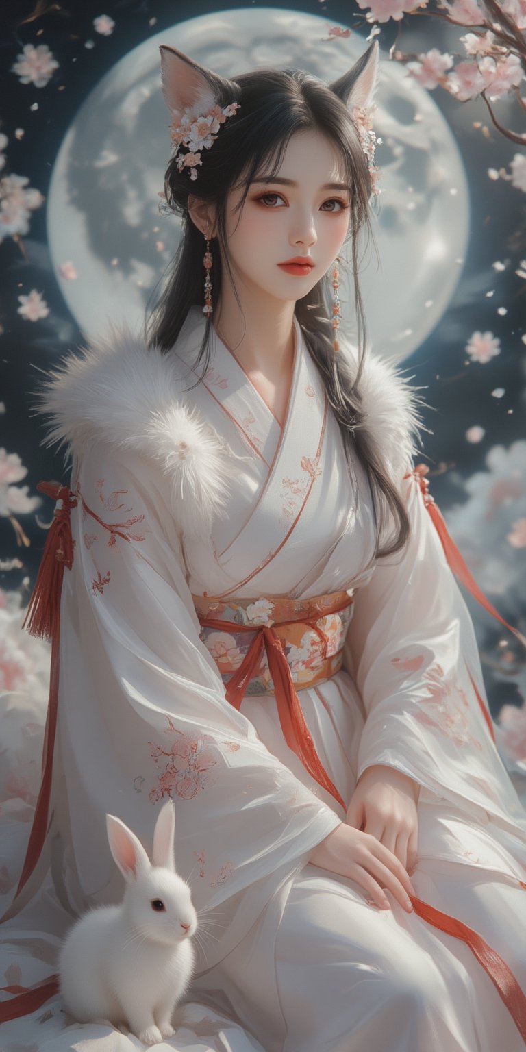 A young woman in a beautiful white kimono sits on a soft, patterned fabric. She is adorned with delicate floral hair ornaments and a red tassel hangs from her waist. Her expression is serene and elegant, her gaze directed towards the viewer. A white rabbit sits beside her, adding a touch of innocence and charm to the scene. The background features a large  Moon and night stars, a traditional Chinese character, creating a sense of cultural richness and mystique. [Photorealistic portrait, inspired by the works of Annie Leibovitz and Steve McCurry], [Soft, natural light, focus on the woman's face and her elegant pose, blurred background with a sense of depth, textured surfaces, a sense of cultural heritage and beauty], Hanfu, KOLNB, Ahri