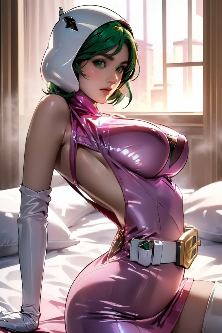 realistic photography, Best quality, Masterpiece, Ultra High Resolution, (Fidelity:1.2), (Realistic:1.37)1 American-Japanese mixed-race gir, 16 years old, Jun ,Gatchaman, 168cm((  **score_9, score_8_up, score_7_up, 1girl(,medium breasts, short green hair , Jun ,midwestern girl, girl-next-door good looks, green eyes,full face, round face, moaning, both eyes open, round cheek)), Expressiveh, nude, medium naked perfect breasts, perfect face, perfect body, long legs, detailed eyes, semi realistic, on her back, on bed, close up,(arched back:1.4), head on pillow, pov: missionary position, vaginal penetration, viewer's hands on her thighs)), lanky, wearing a swan-head-like helmet with a transparent glass plate like a beak covered the front face,on loak with jagged shapes in the end, pink superhero-like mini skirts suit, naturally sexy, {{masterpiece}}}, {{{best quality}}}, {{{ultra-detailed}}},(masterpiece, best quality, ultra-realistic ),(( beautiful face)),short hair,breasts,green eyes,lips,medium breasts,lipstick,white legwear,pink dress,superhero,bodysuit,cape,gloves,helmet,belt,elbow gloves,white gloves,mask,mini skirt,fight scene,