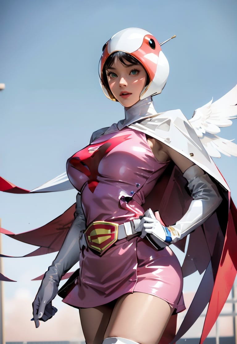 realistic photography, 1 American-Japanese mixed-race gir, 16 years old, Jun ,Gatchaman, 168cm((  **high kick), lanky, wearing a swan-head-like helmet with a transparent glass plate like a beak covered the front face,on loak with jagged shapes in the end, pink superhero-like mini skirts suit, naturally sexy, {{masterpiece}}}, {{{best quality}}}, {{{ultra-detailed}}},(masterpiece, best quality, ultra-realistic ),(( beautiful face)),short hair,breasts,green eyes,lips,medium breasts,lipstick,white legwear,pink dress,superhero,bodysuit,cape,gloves,helmet,belt,elbow gloves,white gloves,mask,mini skirt,fight scene