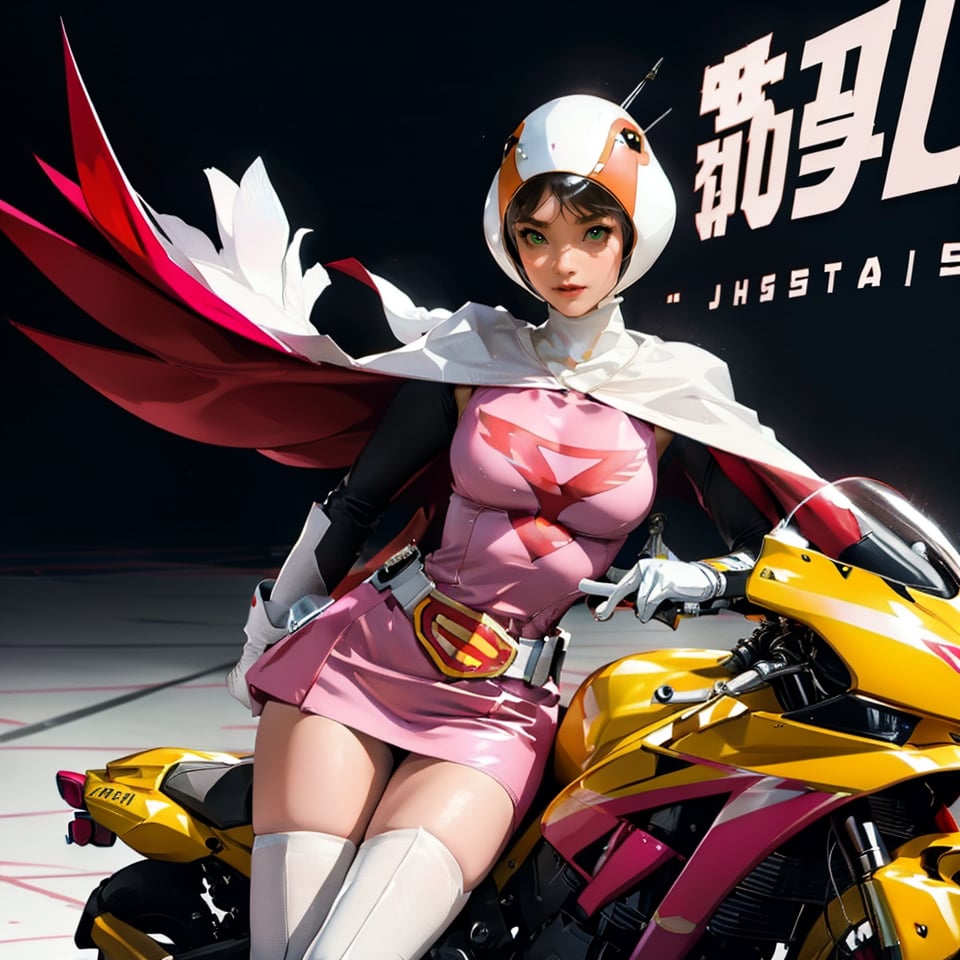 realistic photography, 1 American-Japanese mixed-race gir, 16 years old, Jun ,Gatchaman, 168cm((  **high speed riding a yellow weaponized motocycle)), lanky, wearing a swan-head-like helmet with a transparent glass plate like a beak covered the front face,on loak with jagged shapes in the end, pink superhero-like mini skirts suit, naturally sexy, {{masterpiece}}}, {{{best quality}}}, {{{ultra-detailed}}},(masterpiece, best quality, ultra-realistic ),(( beautiful face)),short hair,breasts,green eyes,lips,medium breasts,lipstick,white legwear,pink dress,superhero,bodysuit,cape,gloves,helmet,belt,elbow gloves,white gloves,mask,mini skirt,fight scene