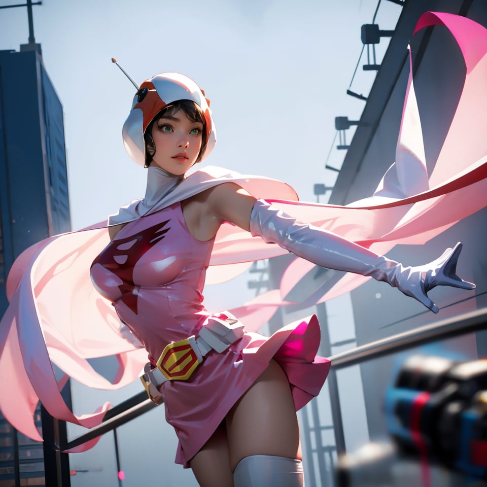 realistic photography, 1 American-Japanese mixed-race gir, 16 years old, Jun ,Gatchaman, 168cm((  **
high kick,1000mm shutter, 1/1000,8K)), lanky, wearing a swan-head-like helmet with a transparent glass plate like a beak covered the front face,on loak with jagged shapes in the end, pink superhero-like mini skirts suit, naturally sexy, {{masterpiece}}}, {{{best quality}}}, {{{ultra-detailed}}},(masterpiece, best quality, ultra-realistic ),(( beautiful face)),short hair,breasts,green eyes,lips,medium breasts,lipstick,white legwear,pink dress,superhero,bodysuit,cape,gloves,helmet,belt,elbow gloves,white gloves,mask,mini skirt,fight scene,