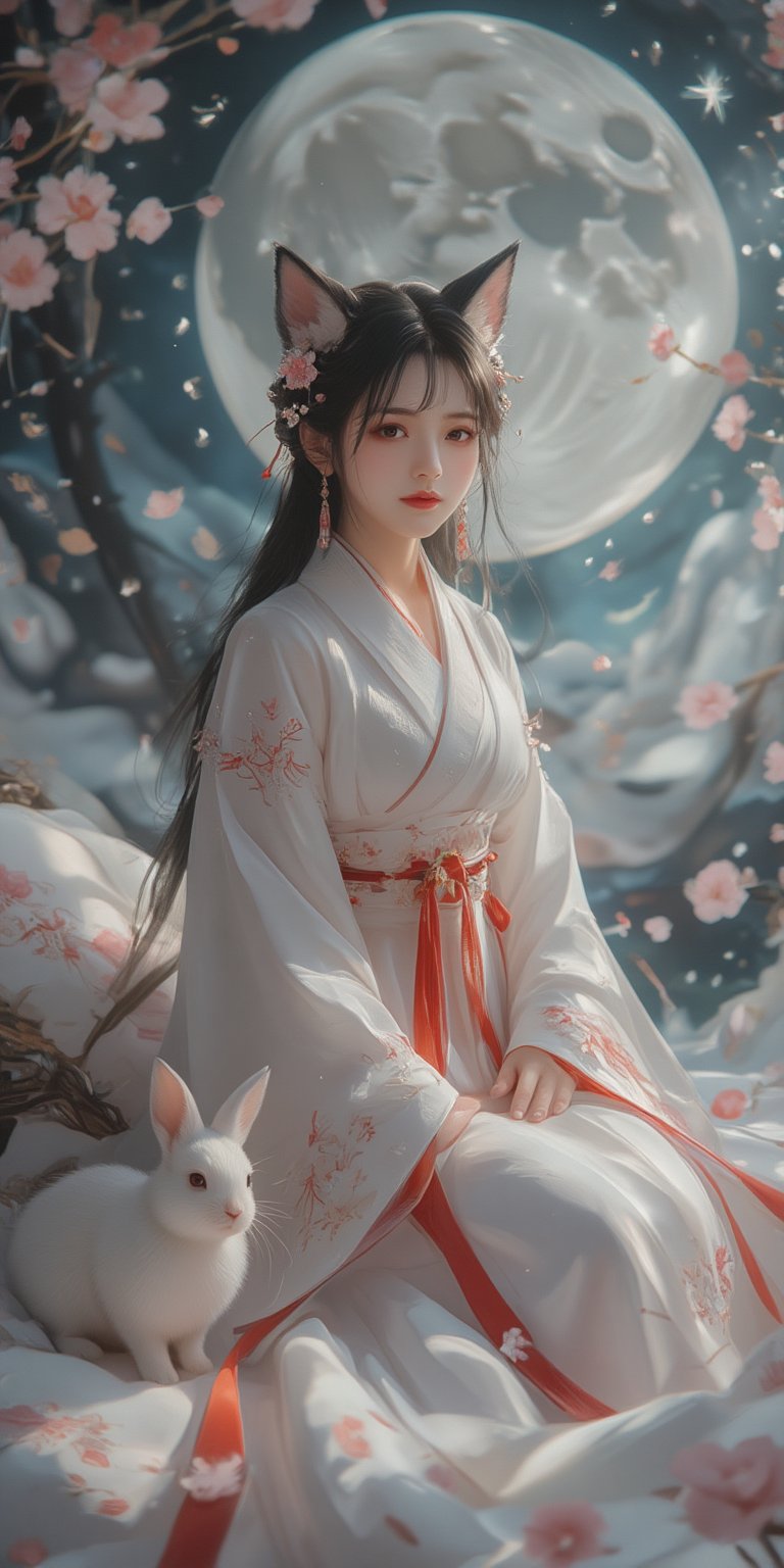 A young woman in a beautiful white kimono sits on a soft, patterned fabric. She is adorned with delicate floral hair ornaments and a red tassel hangs from her waist. Her expression is serene and elegant, her gaze directed towards the viewer. A white rabbit sits beside her, adding a touch of innocence and charm to the scene. The background features a large  Moon and night stars, a traditional Chinese character, creating a sense of cultural richness and mystique. [Photorealistic portrait, inspired by the works of Annie Leibovitz and Steve McCurry], [Soft, natural light, focus on the woman's face and her elegant pose, blurred background with a sense of depth, textured surfaces, a sense of cultural heritage and beauty], Hanfu, KOLNB, Ahri