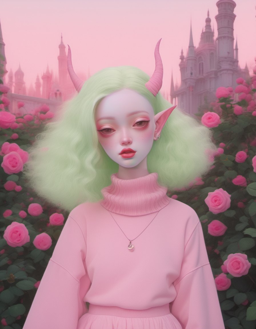 albino demon girl standing with ( green curls hair:1.3) , walking through pink rose bushes and castle in the distance, pink turtleneck sweater with (tulle skirt:1.2), braces, chewing gum , winking ,(long intricate horns:1.2) , sneakers with socks, 