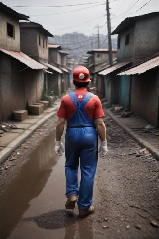 super mario walking on dirty third world neighborhood ,Ultra realistic 
