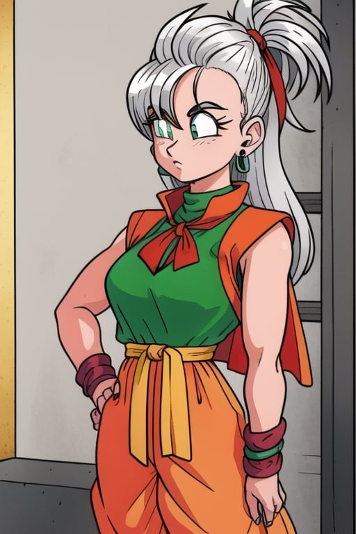 ((masterpiece)),8k,HD,Toriyama Akira,dragon ball,earrings,female_solo,silver_hair,very_long_hair,spiky_hair,mohawk_(hair_style),pink pants,,sash around waist,orange sash,detailed eyes,pupils,hair_tied,waistcoat,green shirt,orange pants