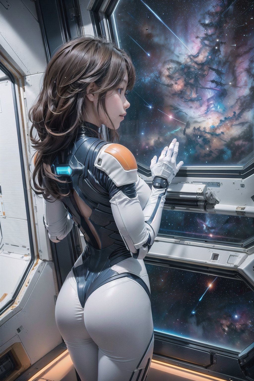 1 korean girl, full body, gigantic breasts,blue eyes, brown hair, 
((standing and look out the window of the spaceship)),(back view:1.5),((out window is outspace with colorful nebula))
,bodysuit,spacecraft,((show tits)),white and orange suit,(( spaceship)),perfect,mechanical,hand,fingers