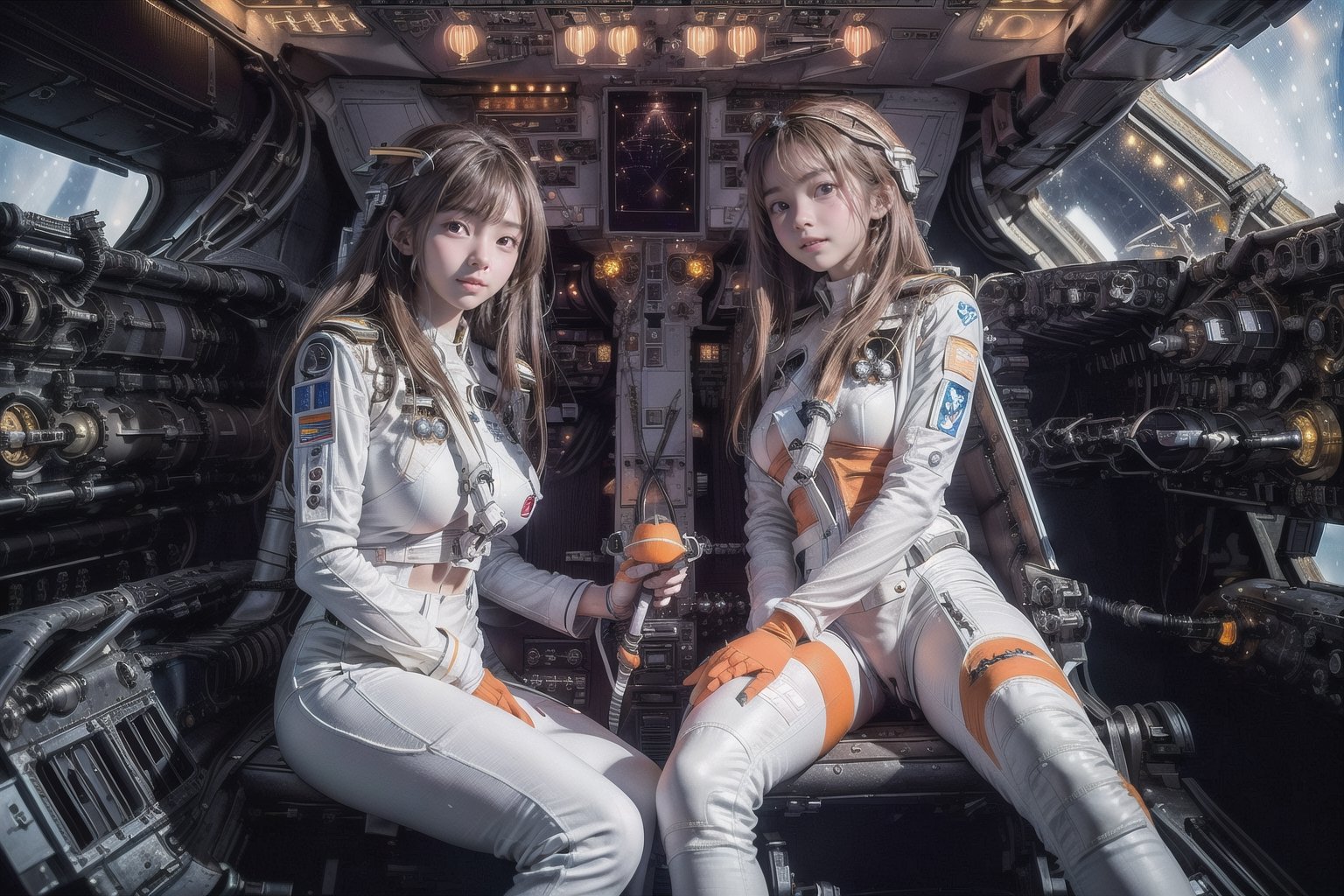 2 korean girls, full_body, looking at viewer, blue eyes, brown hair, in the ((spaceship cockpit:1.5)),spacecraft,(orange with white suit:1.5),from window can see the galaxy,midnight,hands,((big tits:1.2)),((sitting in the cockpit:1.5)),front-view,multiple girls,mechanical,metal