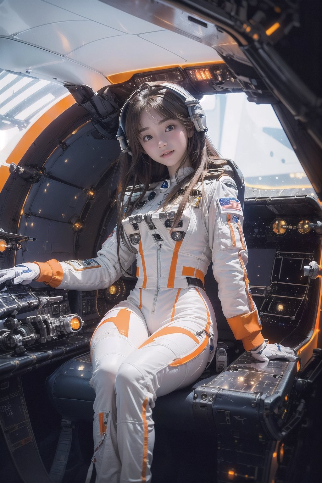 1 korean girl, full_body, looking at viewer, blue eyes, brown hair, in the ((spaceship cockpit:1.5)),spacecraft,(orange with white suit:1.5),from window can see the galaxy,midnight,hands,((big tits:1.2)),((sitting in the cockpit:1.5)),front-view