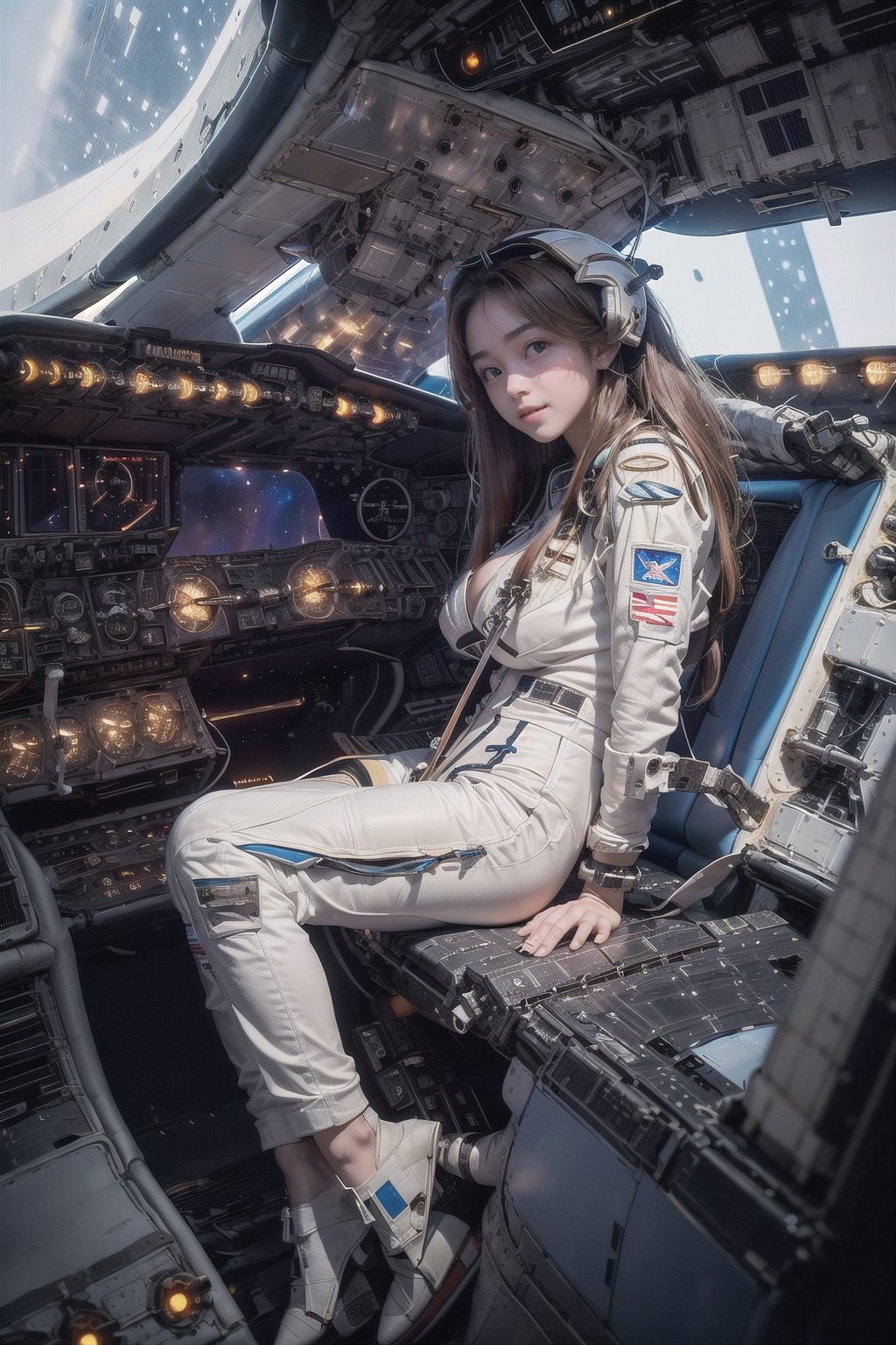 1 korean girl, full_body, looking at viewer, blue eyes, brown hair, in the ((spaceship cockpit:1.5)),spacecraft,(orange mix white suit),from window can see the galaxy,midnight,hands,((big tits:1.2)),((sitting in the cockpit:1.5)),front-view