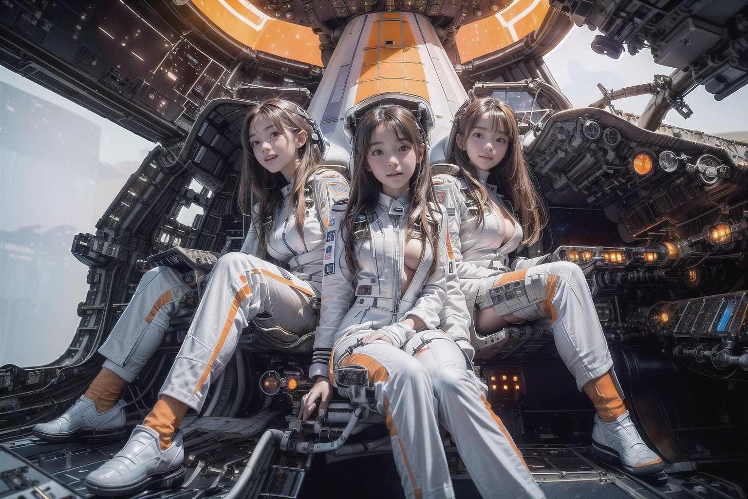 4 korean girls, full_body, looking at viewer, blue eyes, brown hair, in the ((spaceship cockpit:1.5)),spacecraft,(orange with white suit:1.5),from window can see the galaxy,midnight,hands,((big tits:1.2)),((sitting in the cockpit:1.5)),front-view,multiple girls,mechanical