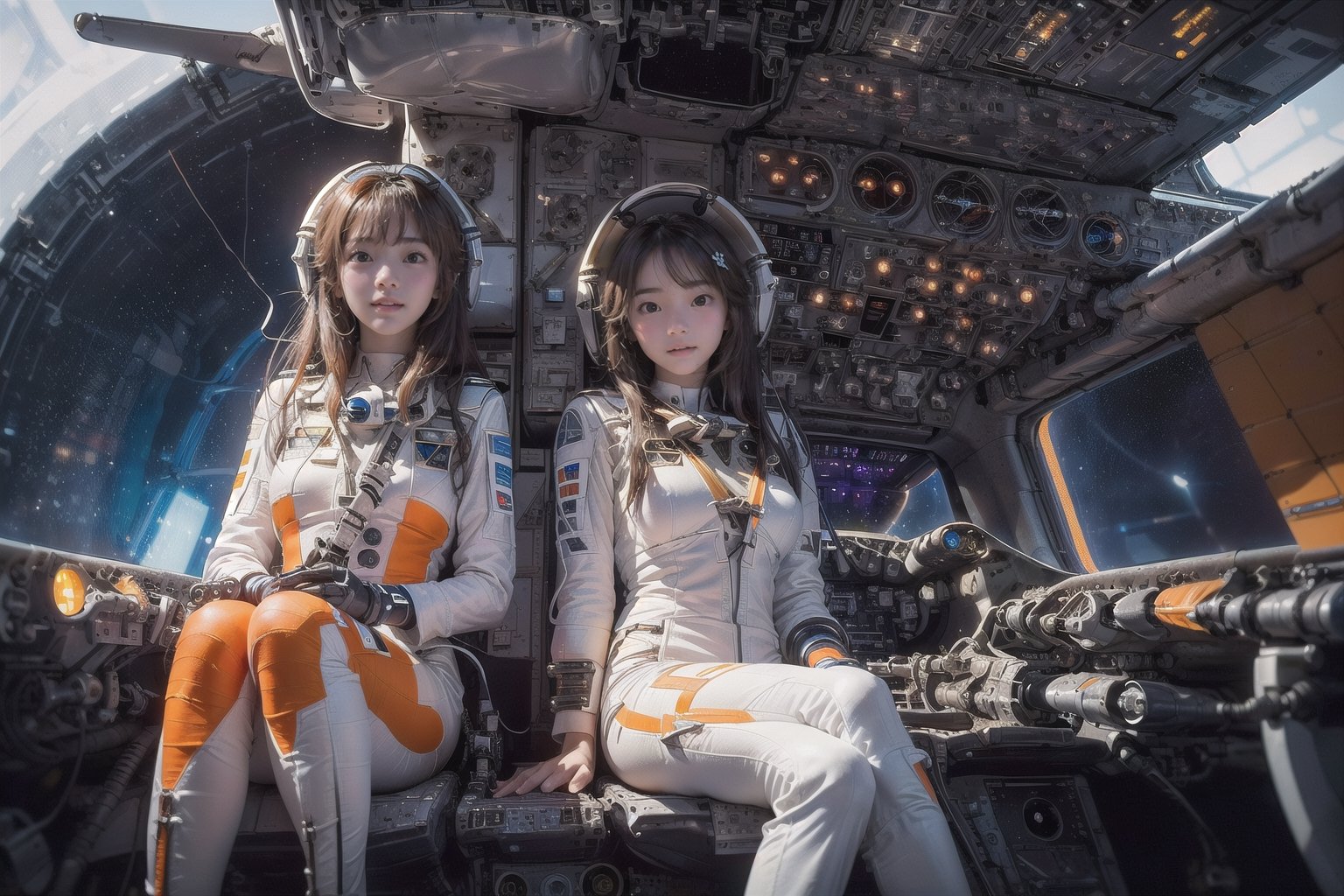 4 korean girls, full_body, looking at viewer, blue eyes, brown hair, in the ((spaceship cockpit:1.5)),spacecraft,(orange with white suit:1.5),from window can see the galaxy,midnight,hands,((big tits:1.2)),((sitting in the cockpit:1.5)),front-view,multiple girls