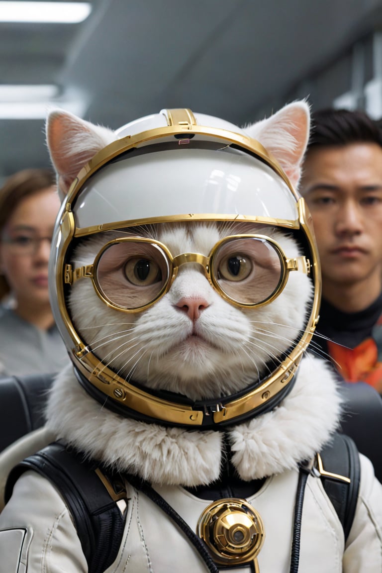 future technology,science fiction,streamlined construction,internal integrated circuit,driver's helmet,cat, (cat face),white fur, short fur, gold-rimmed glasses, audience-oriented,whiskers, cool